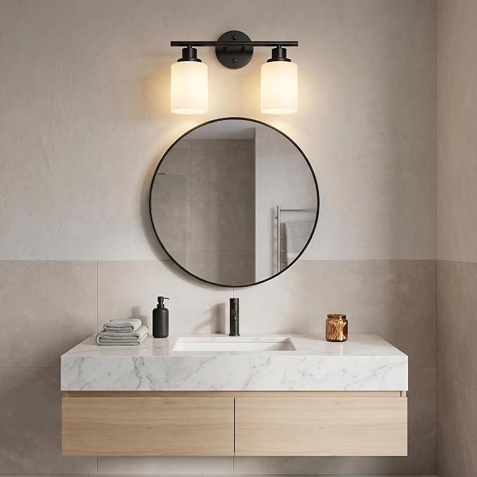 Unicozin 2 Light Bathroom Light Fixtures, Modern Vanity Lights with Milky Glass Shade, Black Wall Lamp Over Mirror for Bathroom, Living Room, Cabinet, Bedroom, E26 Base