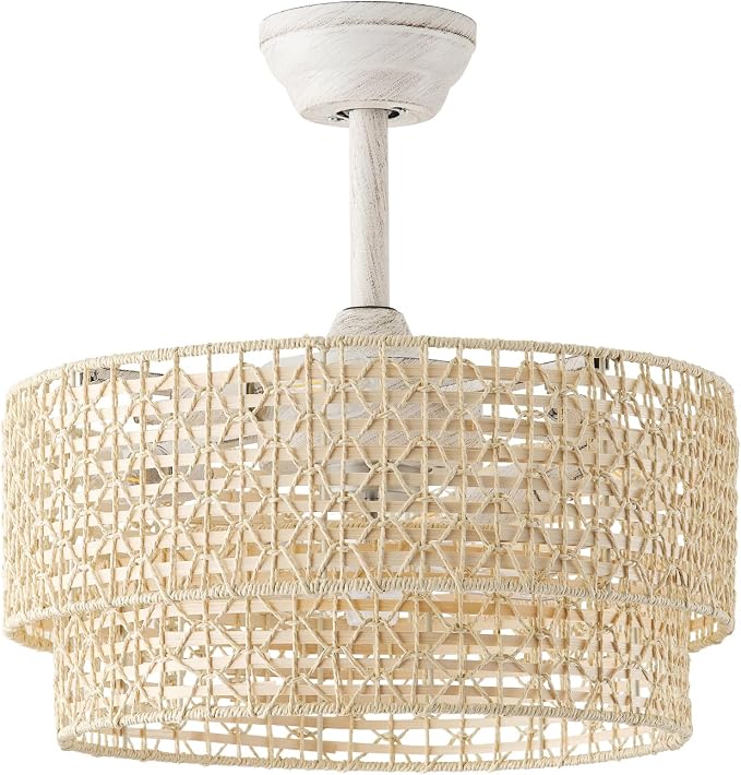 20" Boho Ceiling Fans with Lights, Rattan Fandelier Chandelier Ceiling Fan with Light Remote Control, Caged with 6 Speeds for Bedroom, Nursery