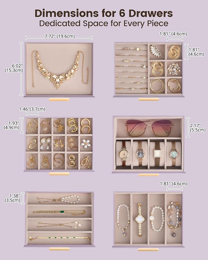Lolalet Large Jewelry Box Organizer for Women, 7-Layer Jewelry Organizers and Storage Case with Mirror & 6 Drawers, Lockable Watch Ring Earring Bracelet Necklace Holder Girls Gift -7Layer, HazePurple