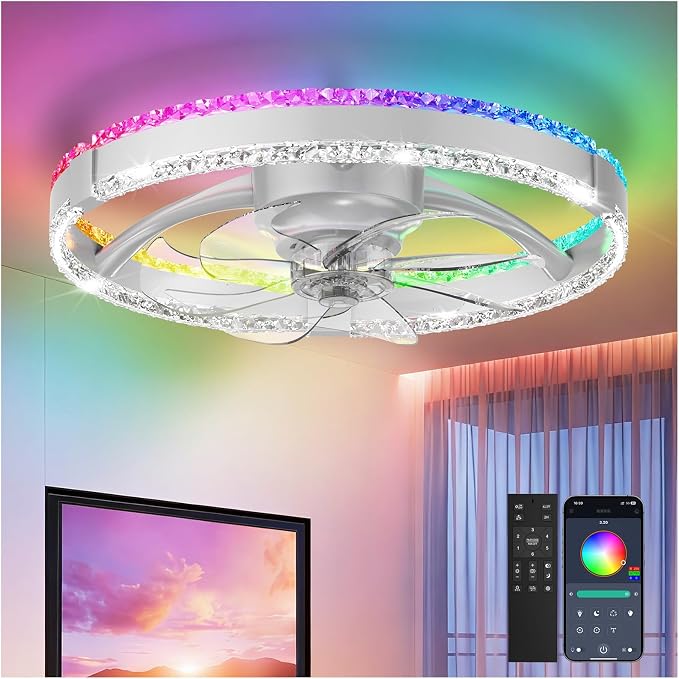 RGB Low Profile Ceiling Fan with Lights,RGB Ceiling Fans with Lights and Remote, 3000-6500K Dimmable Modern Flush Mount LED Fan Lights, 6 Wind Speeds Ceiling Fans for Bedroom