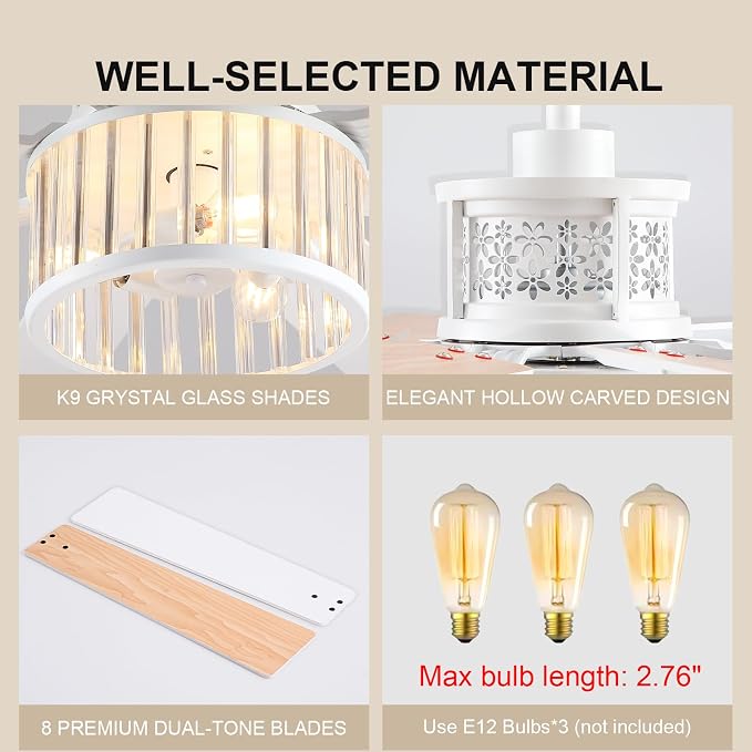 NKPU 52" Farmhouse Crystal Ceiling Fans with Lights and Remote, Chandelier Industrial Ceiling Fan with Dual 8 Blades, 6 Speed Reversible Motor, Timing, White Ceiling Fan for Living room, Bedroom