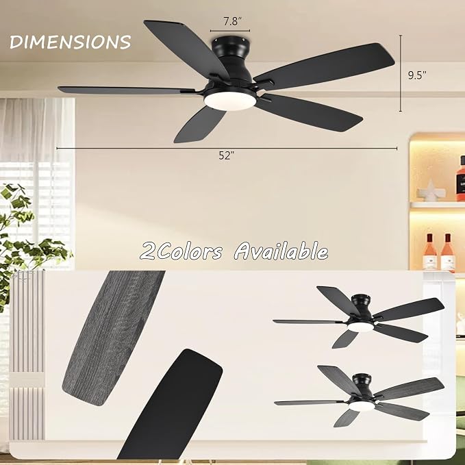 JSAITEE Ceiling Fans with Lights, 52 Inch Low Profile Ceiling Fan with Light and Remote Control, Flush Mount, DC Reversible Motor, Noiseless, Black 6 Speeds Ceiling Fan for Bedroom