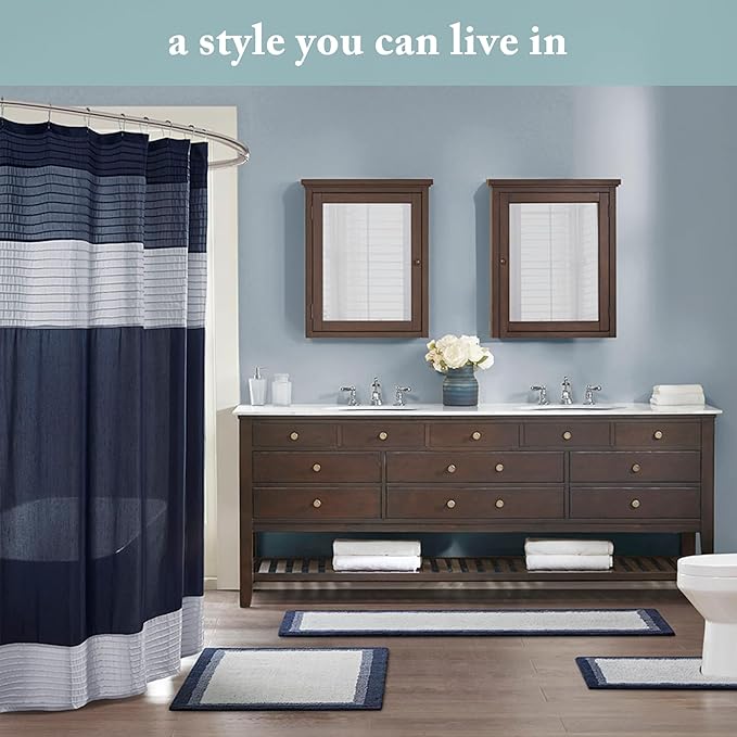 Madison Park Amherst Bathroom Shower Curtain Faux Silk Pieced Striped Modern Microfiber Bath Curtains, 72x72" Inches, Blue