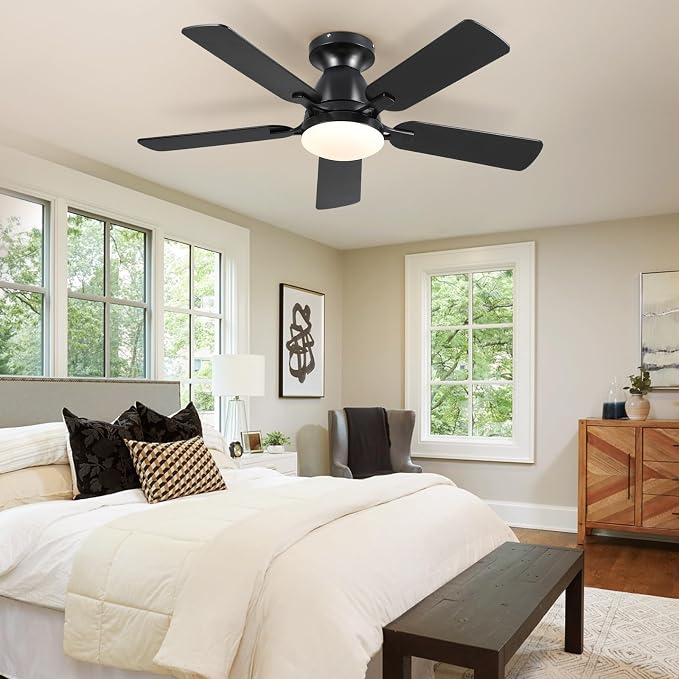 46 Inch Ceiling Fans with Lights and Remote, Flush Mount, Black | Low Profile, Dimmable LED, Reversible, Quiet DC Motor, Wooden Blades, for Modern Apartment Bedroom Home Office Living Room