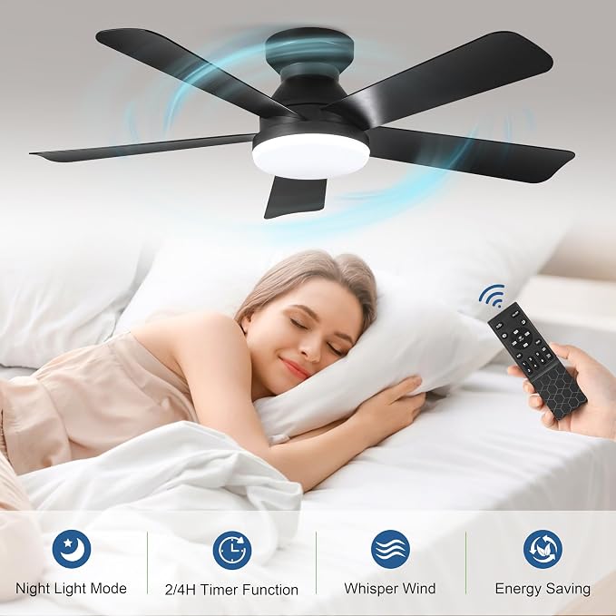 Hywyimlait Black 42Inch Ceiling Fan Light with Remote Control, Flush Mount Installation, Reversible Rotation, 3 Color Temperatures, 2/4H Timer, Suitable for Bedrooms, Living Rooms, Indoor/Outdoor Use