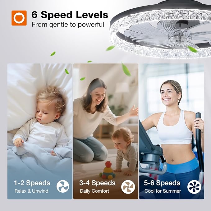 addlon Ceiling Fans with Lights and Remote, 20'' Low Profile Flush Mount Ceiling Fan, 3000–6000K Dimmable LED Fandelier, Bladeless Crystal Fan Light for Bedroom, Kitchen, Living Room, Black