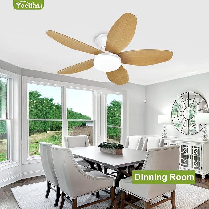 Ceiling Fans with Lights - 35 Inch Small Low Profile Ceiling Fan and Remote,Flush Mount Ceiling Fan with 5 Reversible Blades 6 Wind Speeds, White&Wood Modern Ceiling Fans for Bedroom Kitchen