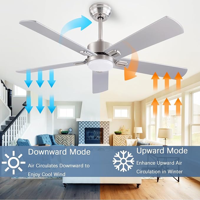 QUTWOB 52" Ceiling Fans with Light and Remote,Farmhouse 5 Blades Quiet Reversible DC Motor Ceiling Fans for Modern Indoor/Outdoor/Patio/Living Room/Bedroom(Silver/burlywood)