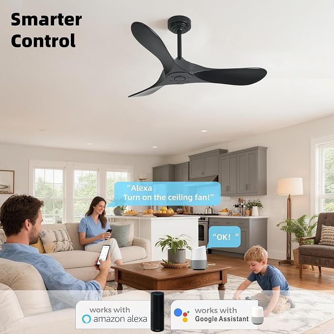 Outdoor Ceiling Fan Without Light, 42Inch Smart Ceiling Fan with Remote & Voice Control for Compatible with Alexa/Google, 3-Blade Solid Wood Fan, Quiet DC Motor, 6 Speeds for Patio, Farmhouse