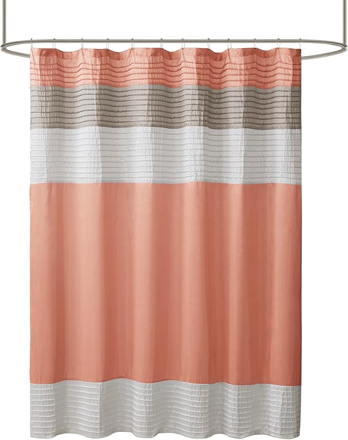 Madison Park Amherst Bathroom Shower Curtain Faux Silk Pieced Striped Modern Microfiber Bath Curtains, 72x72 Inches, Coral