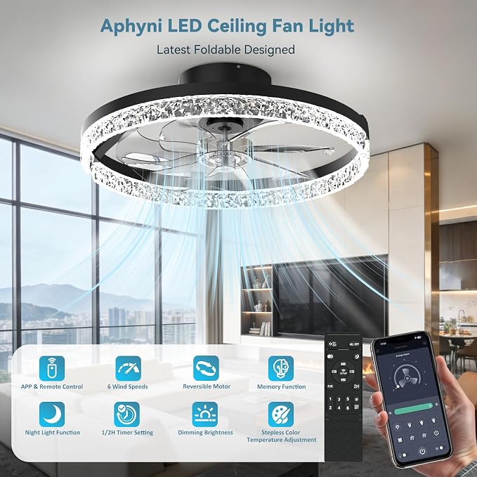 AIKVSXER Ceiling Fans with Lights and Remote, 20'' Low Profile Ceiling Fan with APP Control, 3000K-6500K Dimmable, Quiet Reversible DC, Modern Flush Mount Fandelier for Bedroom (Black-Crystal)