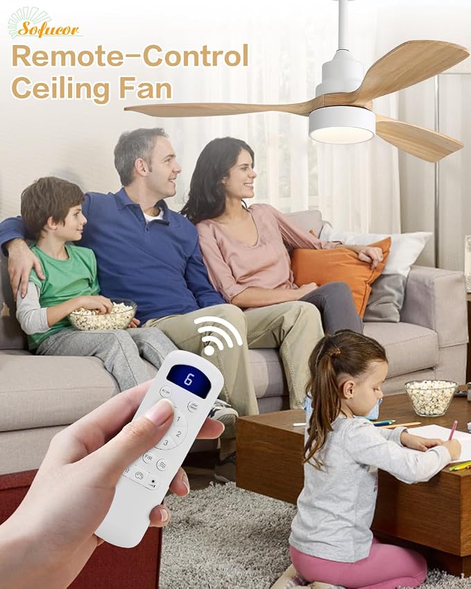 Sofucor 48 Inch Ceiling Fans with Lights and Remote Control-Modern Flush Mount&Downrod Mount Ceiling Fan for Bedroom Living Room Indoor Outdoor Farmhouse Patio, Timer Quiet DC Motor,White&Natural Wood