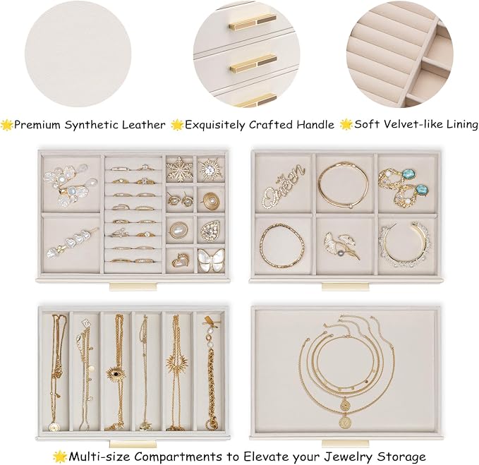 VLANDO 4-Drawer Jewelry Box with Glass Lid, Faux Leather Organizer for Rings Earrings Necklaces and More, Gift-Ready Jewelry Case for Women Girls or Moms, Beige