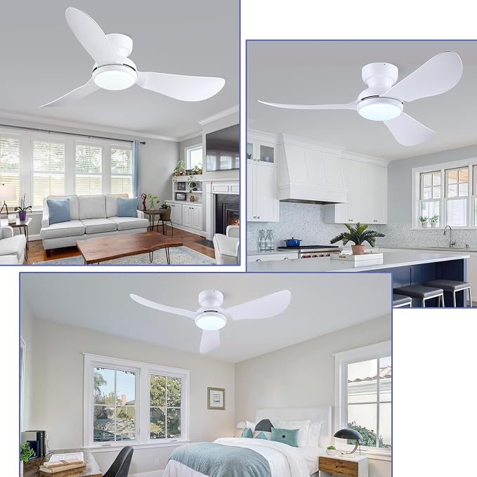 Kviflon 46 Inch Ceiling Fans with Lights, Small Flush Mount Ceiling Fan, Remote/APP Control, 3 Reversible Curved Blades, 6 Speeds, 3 CCT Dimmable Lights for Bedroom, White