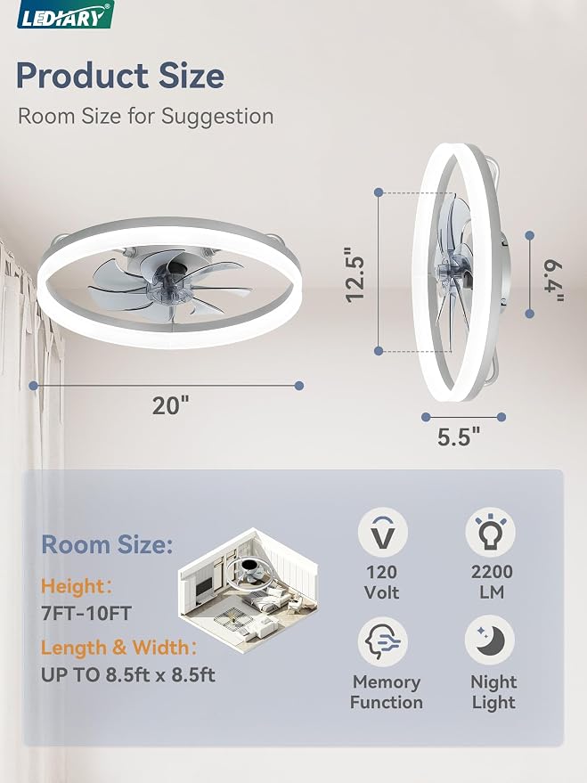 LEDIARY Ceiling Fans with Lights, 20 inch Low Profile Flush Mount Ceiling Fan, Dimmable LED, APP & Remote Control, Quiet Reversible DC Motor, 6 Speeds, Fandelier for Bedroom, Grey