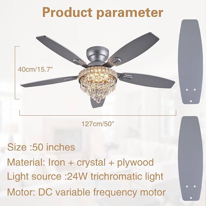 Crystal Ceiling Fan Fandelier with Lights-Ceiling Fans with Lights,50" Low Profile and Remote Control, Flush Mount, Reversible, Dimmable, Noiseless, Sliver Ceiling Fan for Bedroom