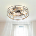 20 Inch Caged Ceiling Fan with Lights, Remote Control Flush Mount Fan Lights Ceiling Fixtures, E26 Base 6 Speeds Bladeless Ceiling Fans with Lights for Indoor House Kitchen Bedroom, Silver