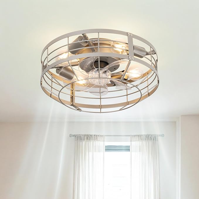 20 Inch Caged Ceiling Fan with Lights, Remote Control Flush Mount Fan Lights Ceiling Fixtures, E26 Base 6 Speeds Bladeless Ceiling Fans with Lights for Indoor House Kitchen Bedroom, Silver