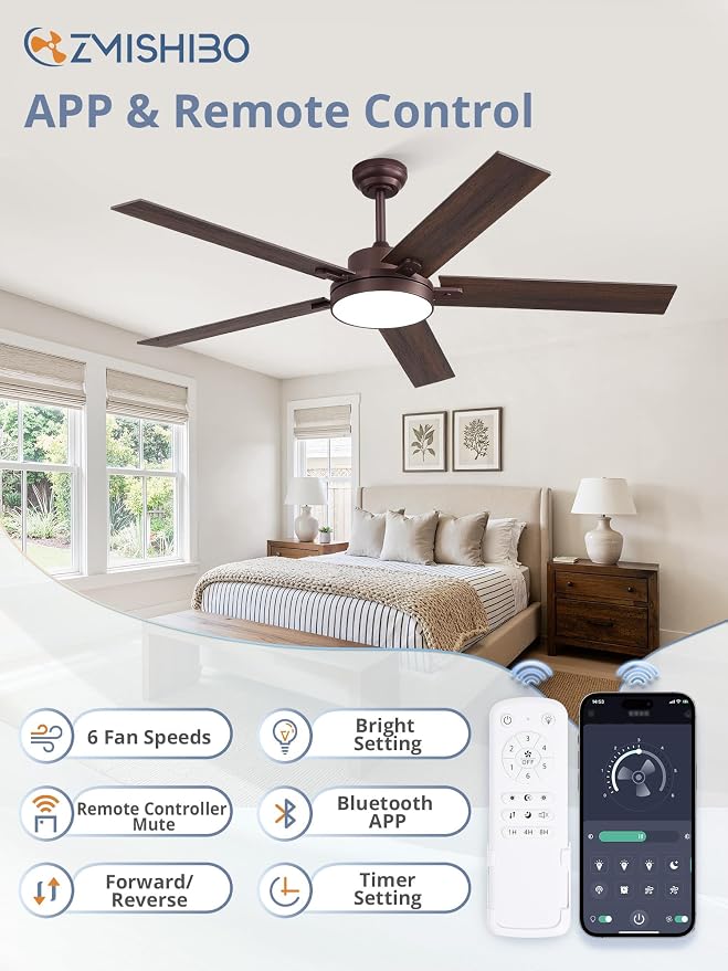ZMISHIBO 60" Ceiling Fan with Light, 30W LED, Smart Remote/APP, Oil Bronze | Modern Ceiling Fans, 6 Speeds & 3CCT Dimmable, Quiet DC Motor, Noiseless for Living Room, Bedroom, Kitchen
