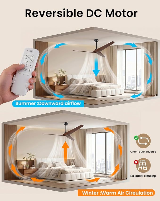 Skylike 60in Modern Wood Ceiling Fan No Light with Remote for Bedroom-Dark | Real Wood Blades, Quiet DC Motor,Reversible,Beep-Off Function,6 Speeds,3 Timers,12" downrod,Indoor and Outdoor