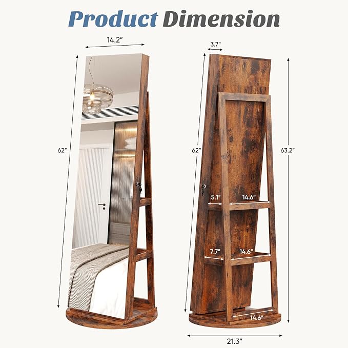 360° Rotating Jewelry Armoire with Full-Length Mirror & LED | Lockable Standing Organizer, Secure Storage For Jewelry, Brown