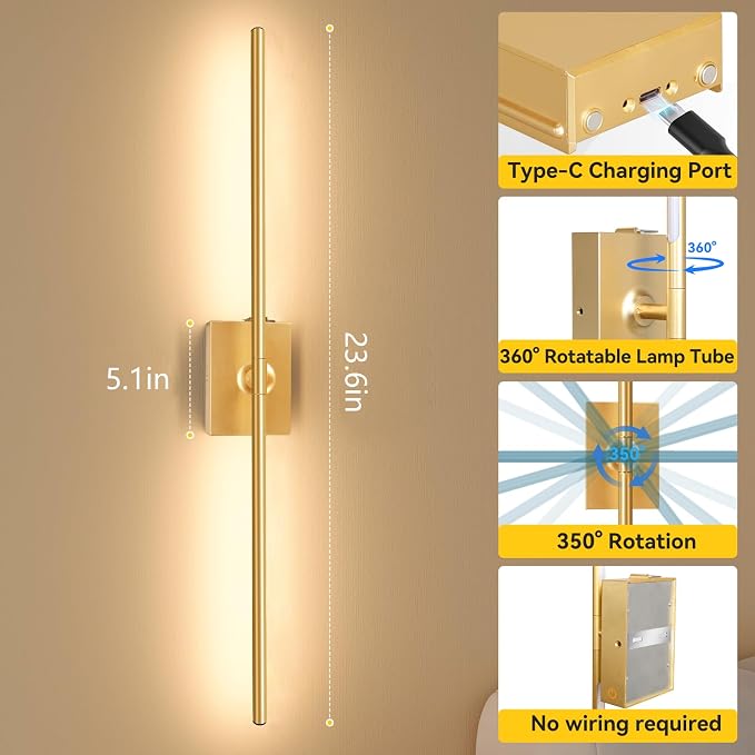 Ouyulong Battery Operated Wall Sconces Set of 2, 10000mAh Wireless Rechargeable 3000-6000K Dimmable 350° Rotate Wall Light with Remote for Living Room, Bedroom 23.6in Gold