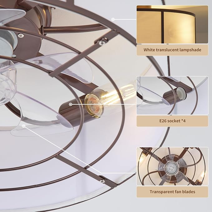 hummingbird 20inch Low Profile Caged Ceiling Fans with Lights, Flush Mount Ceiling Fan with Lights and Remote, Bladeless Modern Enclosed with 6 Speeds for Bedroom, Kitchen, Brown