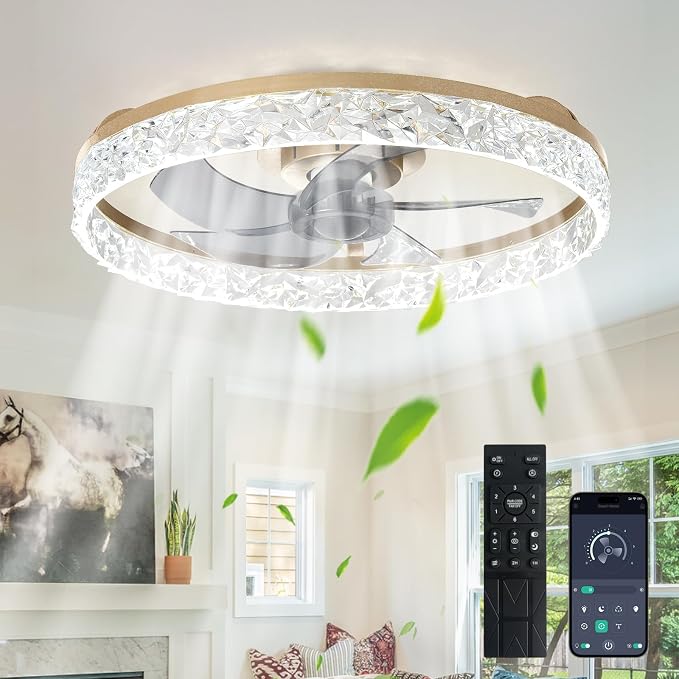 Depuley Ceiling Fans with Lights and Remote: 20" Modern Low Profile Flush Mount Ceiling Fan with App Remote Control - Gold Fandelier for Bedroom Living Room Kitchen Dimmable Quiet DC Motor