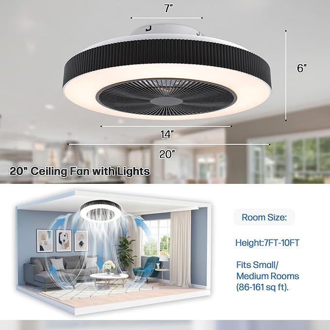 20" Bladeless Ceiling Fans with Light Remote Control,LED Smart Flush Mount Ceiling Fan With light for Bedroom, Kids Room, Reversible Motor, 6 Wind Speed, 3000LM, 57W-White/Black (Black)