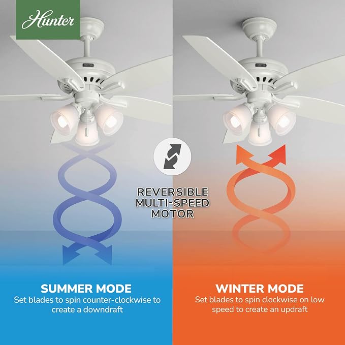 Hunter 52 inch Indoor Ceiling Fan with LED Lights - White Ceiling Fan with Pull Chain, For Bedroom or Living Room, Standard Mount, No Remote, 5 Blades, Includes Bulbs - Newsome 53316, Fresh White | Standard Mount, Pull Chain, 5 Blades, For Bedroom, Liv...