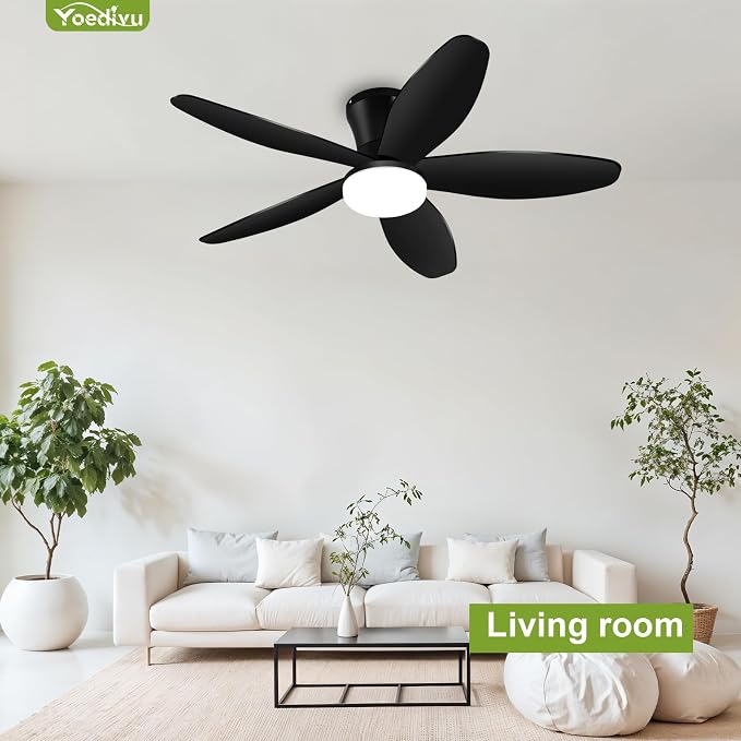 Ceiling Fans with Lights - 42 Inch Low Profile Flush Ceiling Fan with Light and Remote Control, Flush Mount, 6-Speed, 3CCT, Noiseless,Timer, Black Ceiling Fans for Bedroom Indoor/Outdoor Use