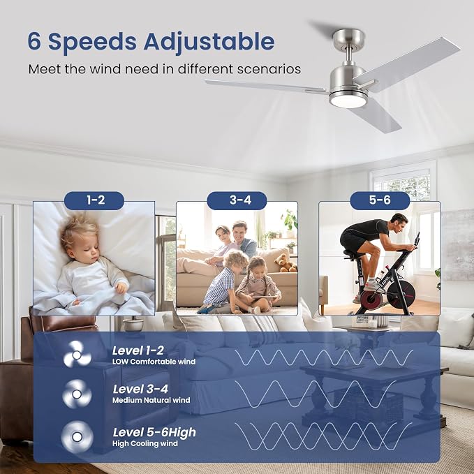 Newday 48 Inch Brushed Nickel Ceiling Fan with Light & Remote - Noiseless Reversible DC Motor, Dimmable 3CCT, 6-Speed with Timer, 3 Blades for Indoor/Covered Outdoor Use (ETL Listed)