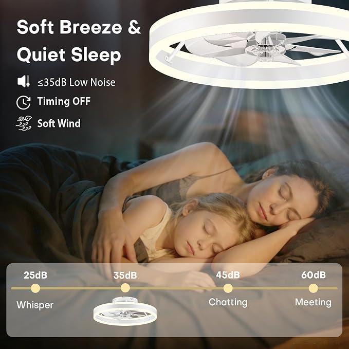 Ceiling Fans with Lights and Remote, 20" Low Profile Flush Mount Ceiling Fan, Pre-Assembled Design, Quiet DC Motor, 6 Wind Speeds, Dimmable 2700-6500K LED Light, Modern Ceiling Fan for Bedroom (White)