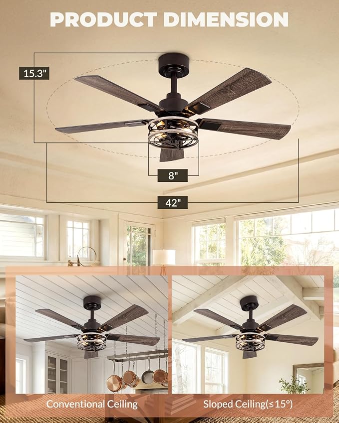 Farmhouse 42 Inch Ceiling Fans with Lights, Low Profile Flush Mount Ceiling Fan with Remote Control, Quiet and Reversible DC Motor, 6-Speed Caged Rustic Ceiling Fan for Bedroom, Living Room, Walnut