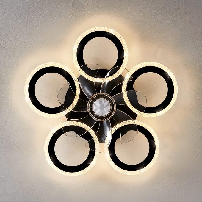 Dalouguan Ceiling Fan with Lights Remote Control, 20" Black Personality Geometric 6 Speeds 3 Light Color Low Profile Flush Mount Ceiling Fan for Kitchen Bedroom