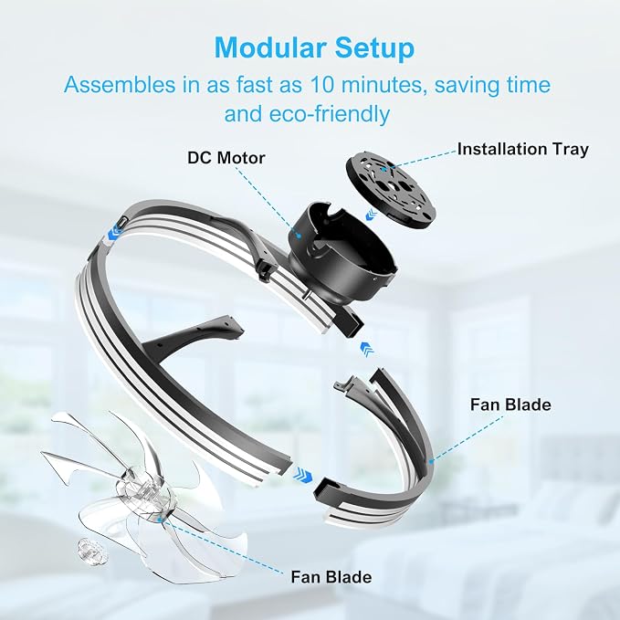 Ceiling Fans with Lights and Remote, 20'' Low Profile Ceiling Fan, 1-6 Wind Speeds, 3000-6500K Dimmable Flush Mount LED Fan Light, Modern Fandelier Ceiling Fans for Bedroom