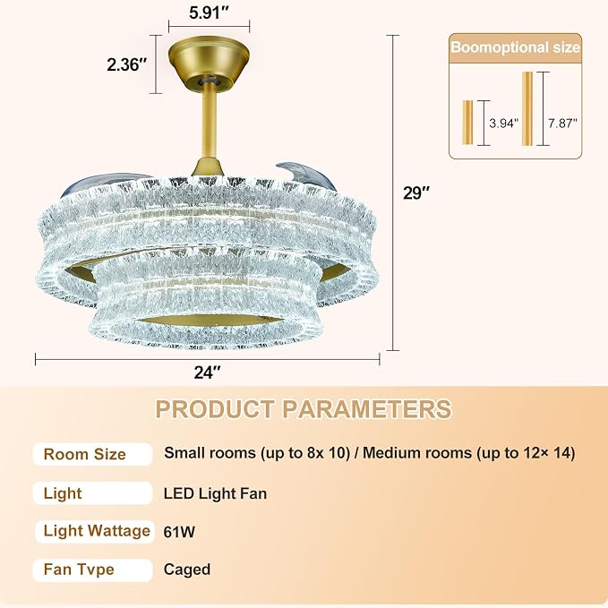 Depuley Crystal Ceiling Fans with Lights: 24" Gold Cagd Fan with Remote Control - Fandelier Fan Light for Girl's Bedroom Living Room Nursery