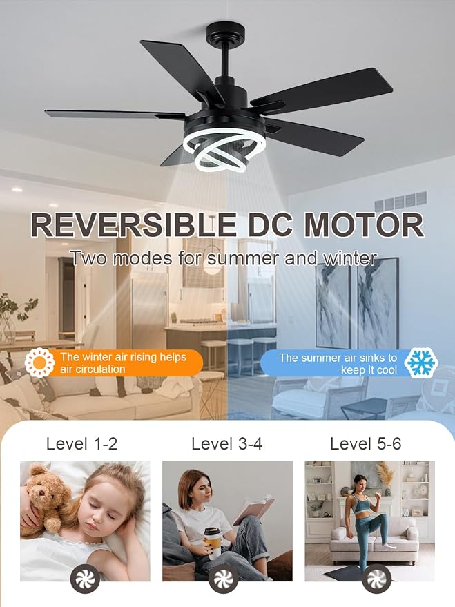 Bella Depot 52" Modern Black Ceiling Fan with Light and Remote, Chandelier Fan Light for Living Room Bedroom Office Indoor Patio
