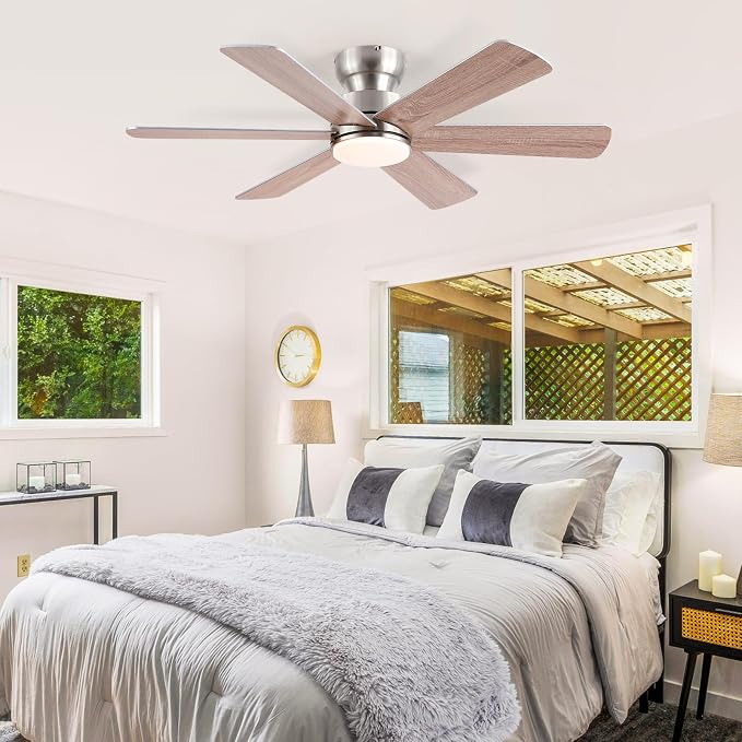 BayDay Ceiling Fans with Lights, Ceiling Fan with Remote APP, Dual-Sided Modern/Rustic, Reversible, 3CCT, Flush Mount Low Profile Ceiling Fan with Lights Bedroom Kitchen Indoor (Nickel, 46 inch)