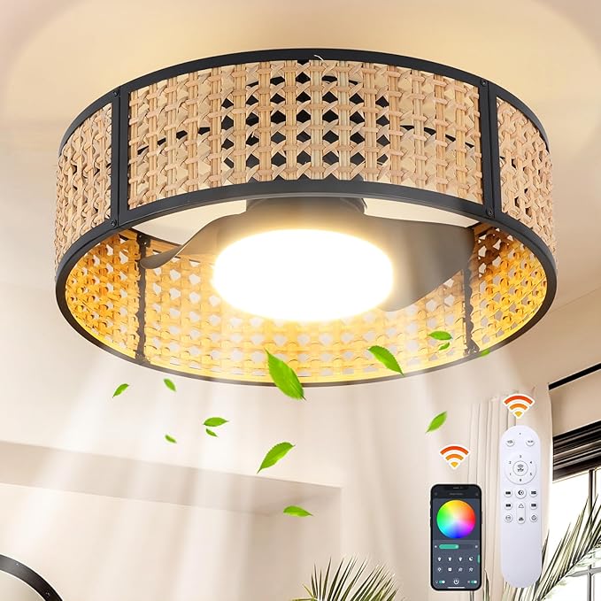 Ganeed 20" Handwoven Rattan Boho Ceiling Fans with Lights, Dimmable RGB LED Wicker Caged Ceiling Fan with Light and Remote, 6 Speed/Reversible Motor Rattan Fandelier for Bedroom Dining Room Nursery