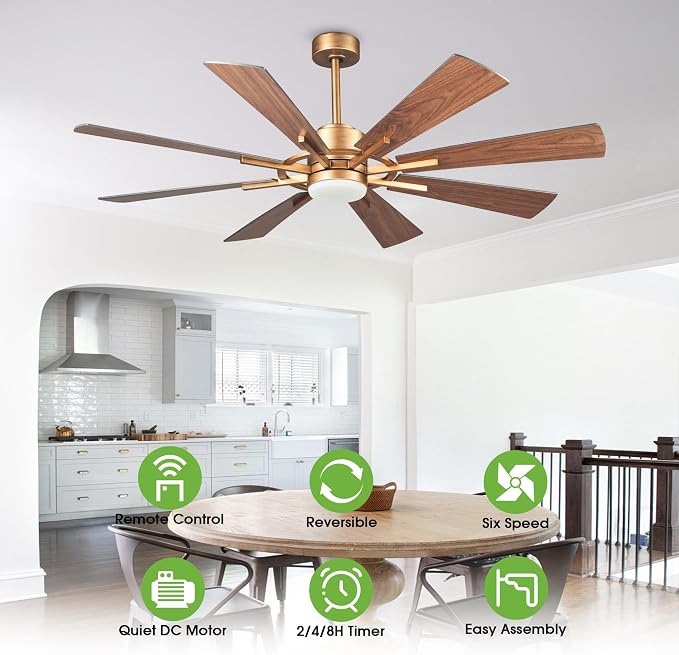 60 inch Gold Ceiling Fan, Indoor & Outdoor Large Ceiling Fans with Lights and Remote, 8 Blades, Quiet DC Motor, High Ceiling Fan for Kitchen Living Room Garage, 3 CCT, 6 Speed, Timer