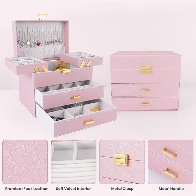 Dajasan Jewelry Organizer Box, Large Jewelry Boxes for Girls, Space-Saving 4 Layers Jewelry Storage Case with Drawer, Gift for Women, Movable Metal Stand, Modern (Pink+ Gold)