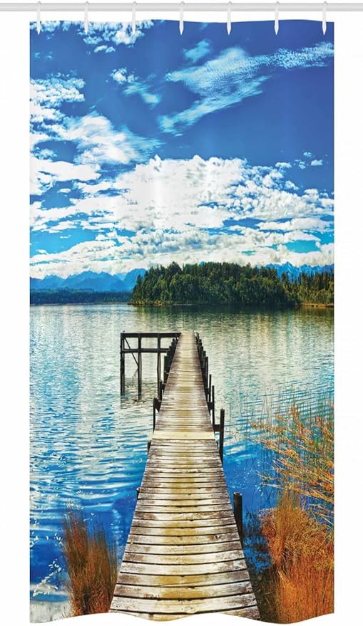 Ambesonne Beach Stall Shower Curtain, Countryside with Lake Trees Pier Cloudy Summer Sky Water Reflection Rural, Fabric Bathroom Decor Set with Hooks, 36" W x 72" L, Green Orange