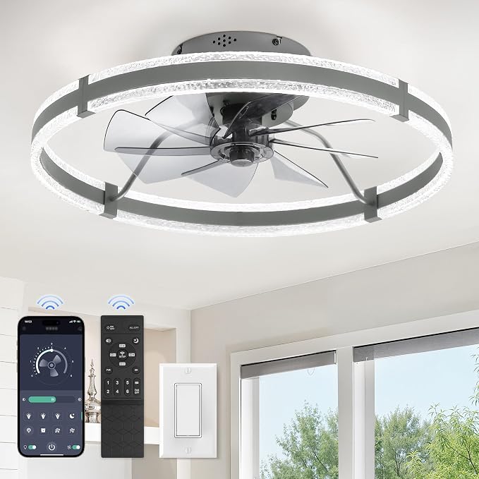LEDIARY Ceiling Fans with Lights and Remote, 24'' Low Profile Ceiling Fan with Light, 3000-6000K Dimmable Fandelier Ceiling Fans, Modern Flush Mount Fan for Bedroom with 6 Wind Speeds- Sandy Gray