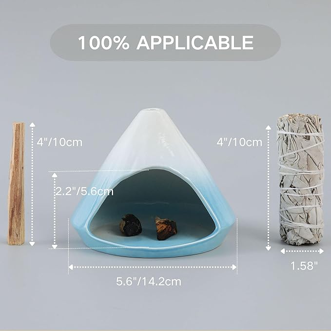Chiminea Palo Santo Holder Sage Burner, Ceramic Incense Holder for Burning Sage Smudge Sticks and Palo Santo, Smudge Bowl for Yoga, Meditation, and Energy Cleansing (Blue)