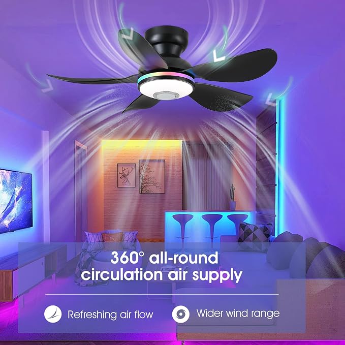 Kviflon 36" Ceiling Fans with RGB Lights Remote/APP Control, Small Ceiling Fan, 3 CCT Dimmable White Lights+RGB Ring Lights+Music Player, 5 Reversible Plastic Blades 6 Speeds for Kidsroom, Black