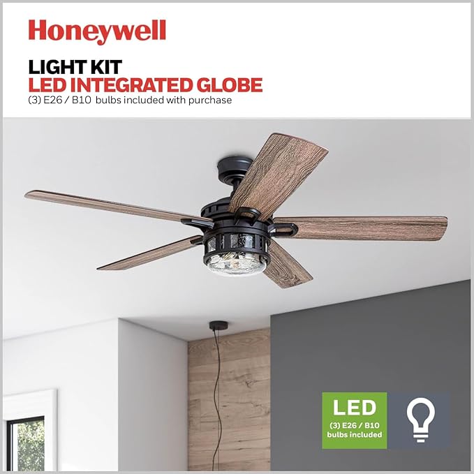 Honeywell Bonterra 52 Inch Ceiling Fan with LED Light and Remote Control, 5 Blades, Modern Fan for Rooms Over 400 Sq Ft, Matte Black