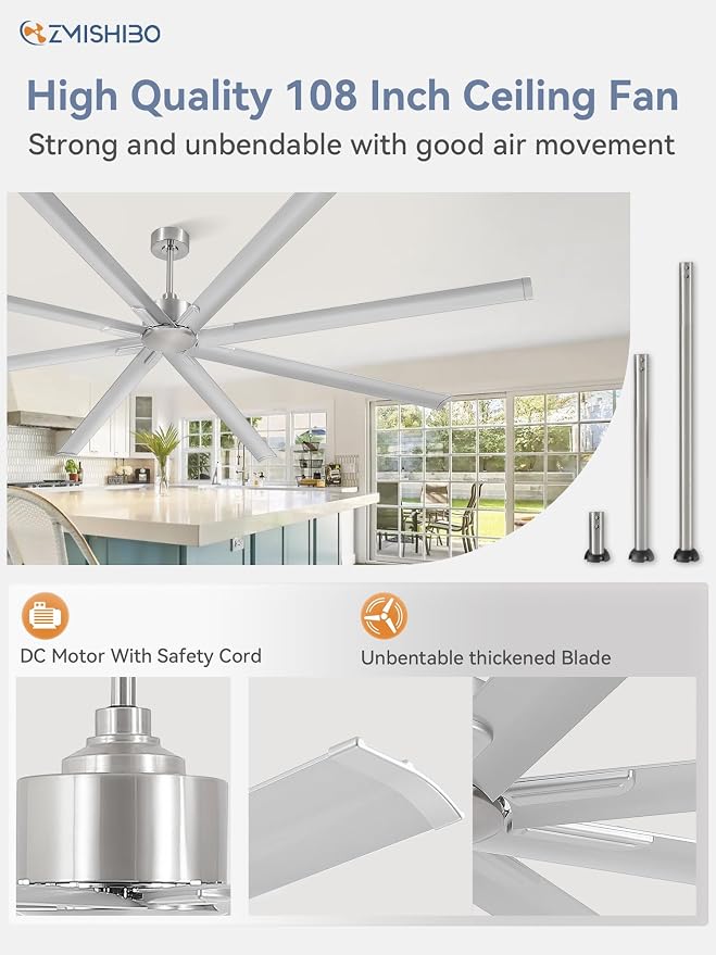 ZMISHIBO 108 Inch No light, Large Industrial High Volume (HVLS) Ceiling Fan with Reversible DC Motor, 8 Aluminium Blades, Modern Commercial Ceiling Fan without Light for Garage/shop/living room,Nickel