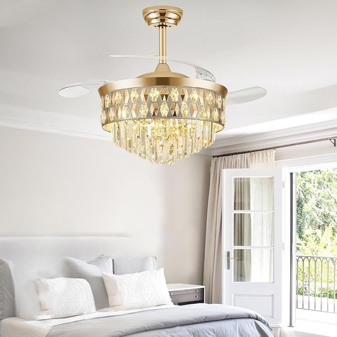 52 Inch Fandelier Ceiling Fan with Light, Chandelier Fan, Retractable Crystal Ceiling Fan Dimmable LED, 3 Color Temperatures, 6 Speeds, for Bedroom & Living Room