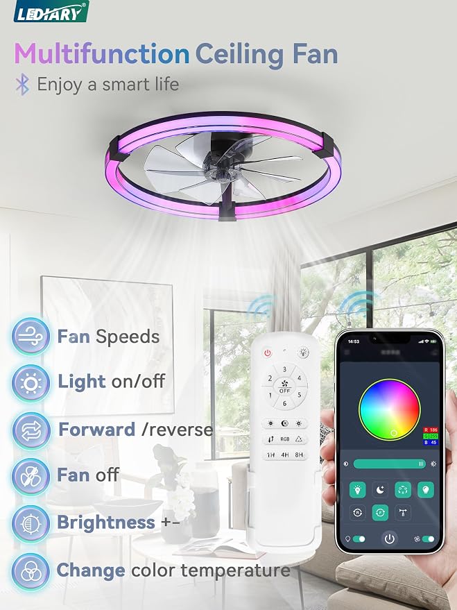 LEDIARY Ceiling Fan with Light,23inch Low Profile Fandelier with Remote RGB | RGB,6 Speeds, Reversible DC Motor, Dimmable Flush Mount Fan Light, Modern fans for Bedroom